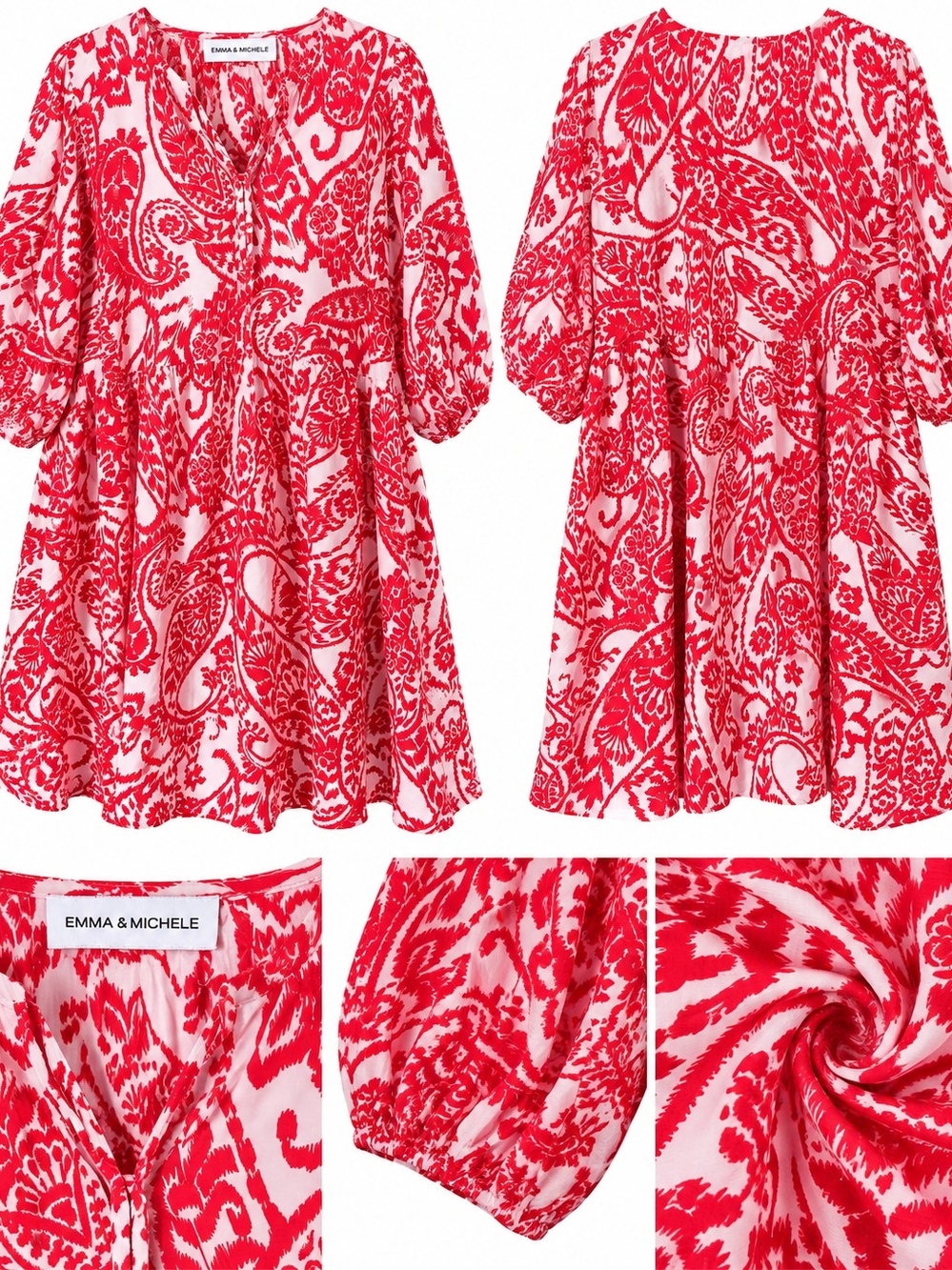 Emma & Michele Red Paisley V-Neck Puff Sleeve Maxi Dress